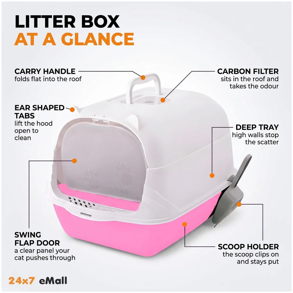 Pink Cat Litter Box Tray Dome Scoop Foul Smell Absorber 18 inch