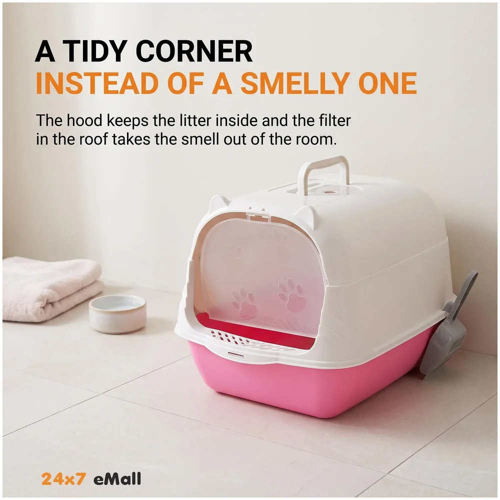 Pink Cat Litter Box Tray Dome Scoop Foul Smell Absorber 18 inch