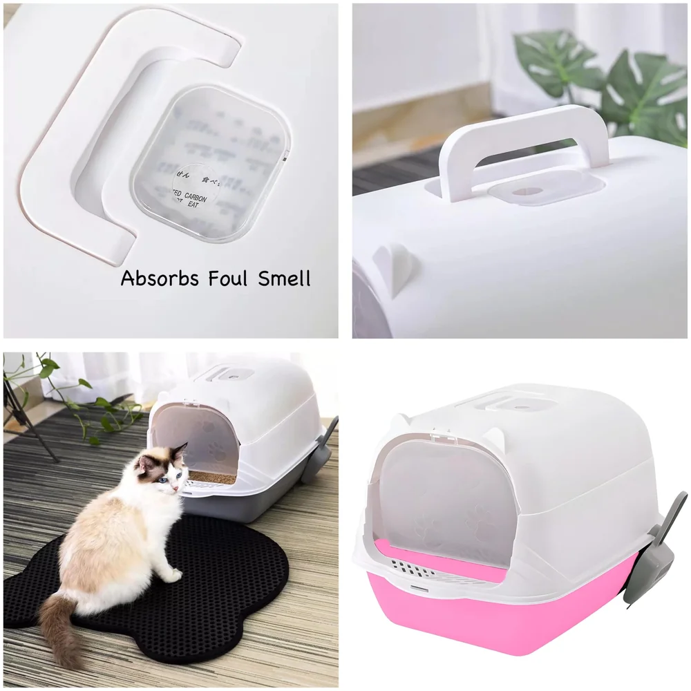 Pink Cat Litter Box Cat Litter Tray with Dome and Scoop with Foul Smell Absorber 18 x14 x14 Inch (45x35x35Cm)