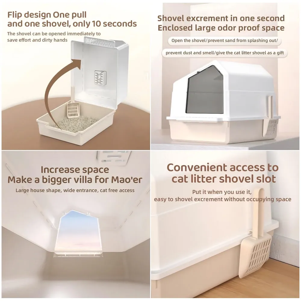 Cat Litter Box House Fully Openable Design with Cleaning Sccop Shovel and Dome Enclosure 47 cm x 38 cm