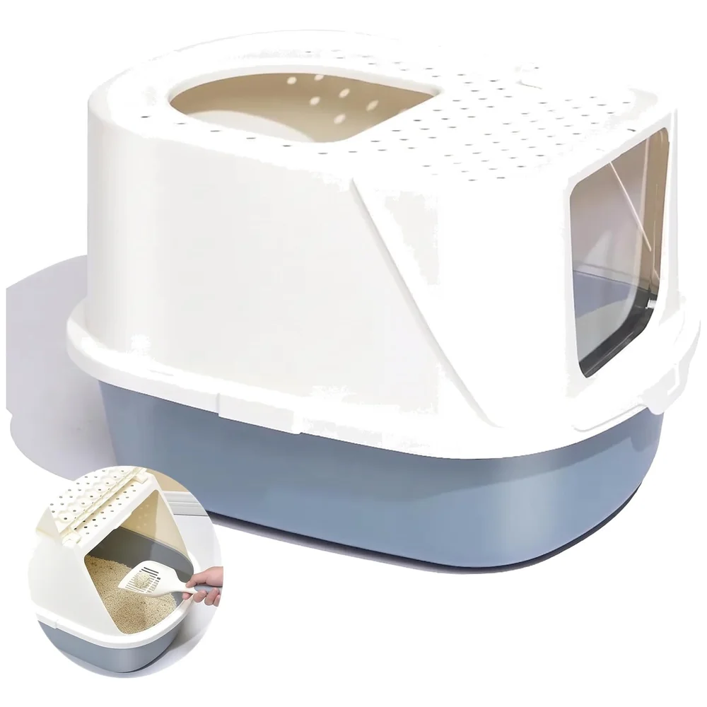 Large Cat Litter Box Flip Open Folding Front Top Entry with Scoop