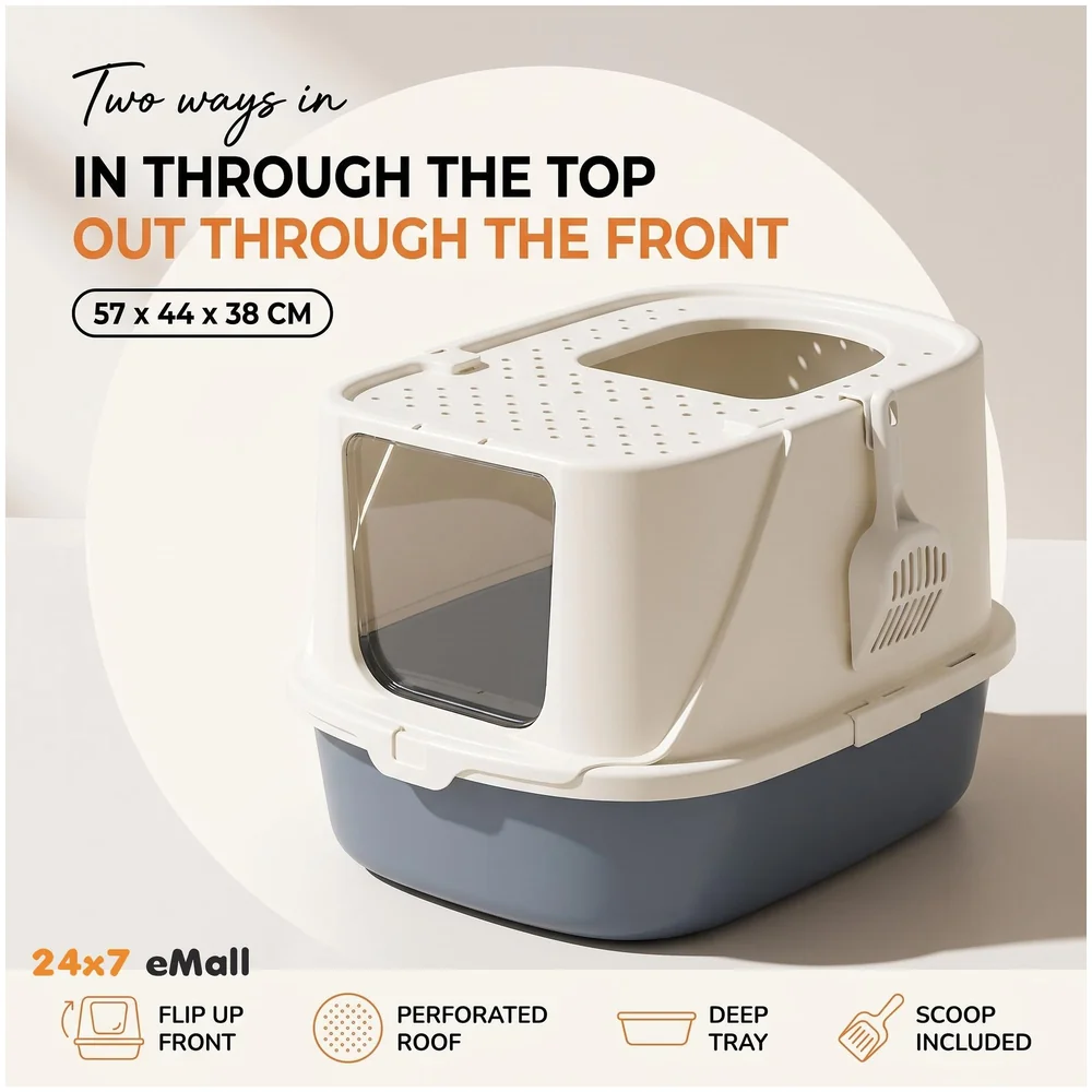 Large Cat Litter Box Flip Open Folding Front Top Entry with Scoop