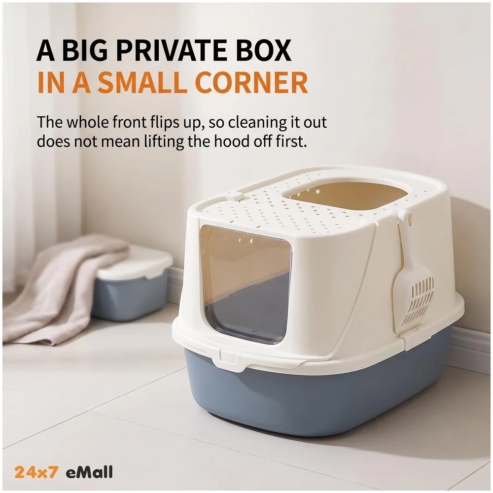 Large Cat Litter Box Flip Open Folding Front Top Entry with Scoop