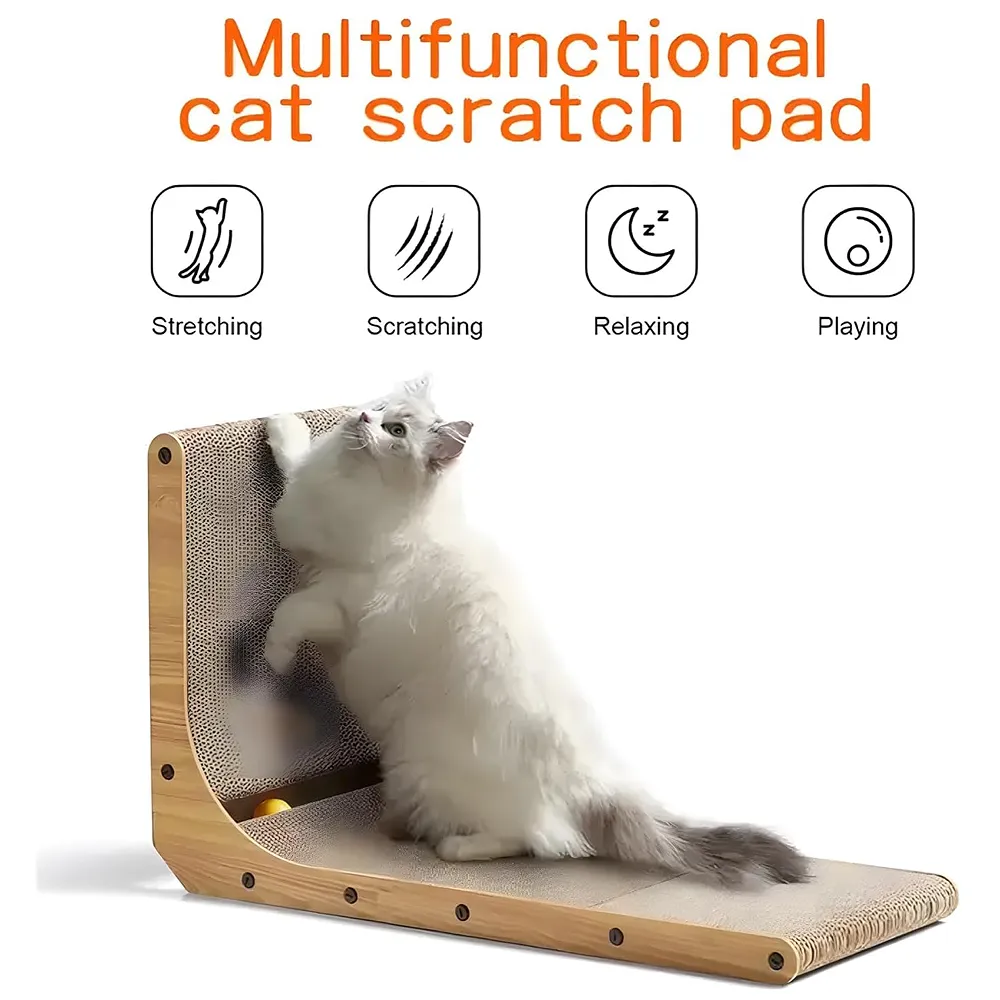 L-Shape Cat Scratcher, 26.8 Inch Cardboard Scratch Post for Indoor Cats, Large L-Shaped Scratch Pad with Built-in Ball Toy to Protect Furniture and Keep Cats Entertained