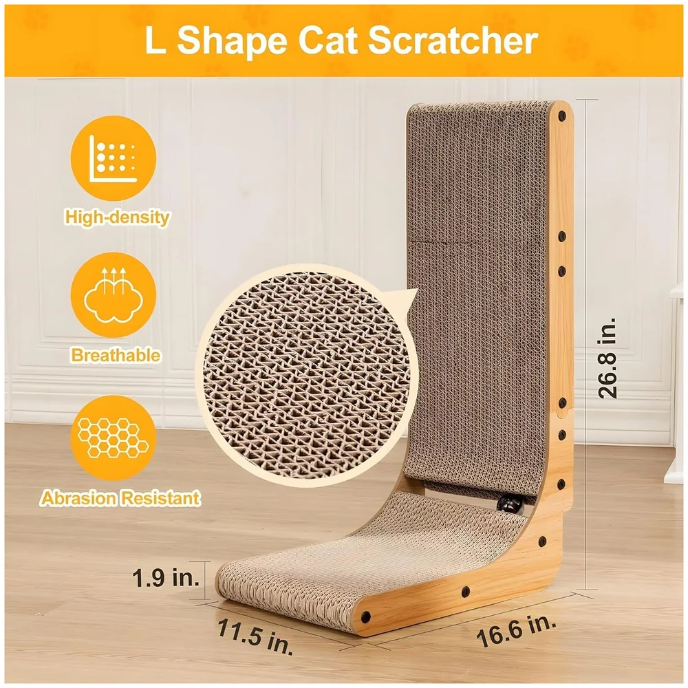 L-Shape Cat Scratcher, 26.8 Inch Cardboard Scratch Post for Indoor Cats, Large L-Shaped Scratch Pad with Built-in Ball Toy to Protect Furniture and Keep Cats Entertained Premium