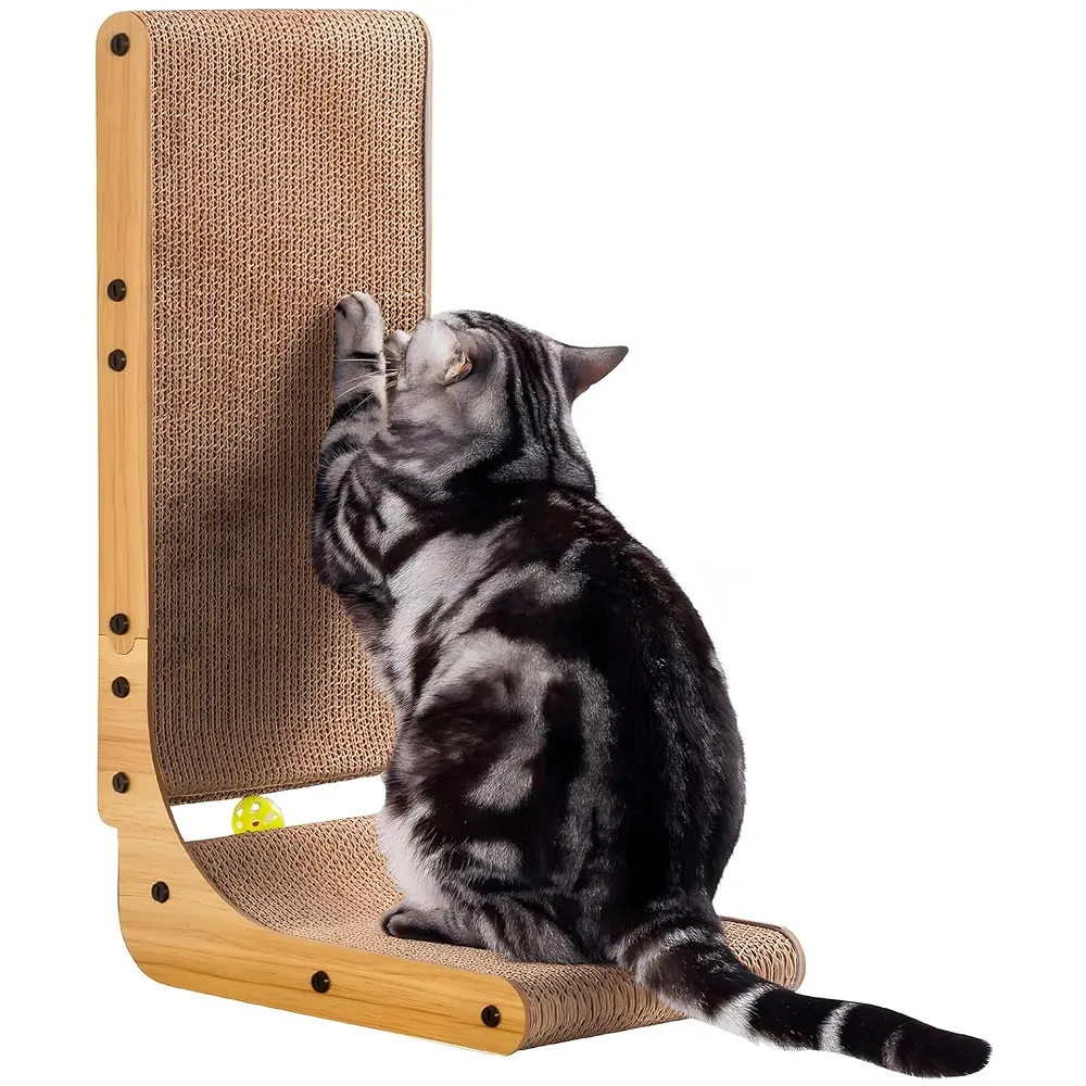 L-Shape Cat Scratcher, 26.8 Inch Cardboard Scratch Post for Indoor Cats, Large L-Shaped Scratch Pad with Built-in Ball Toy to Protect Furniture and Keep Cats Entertained Premium