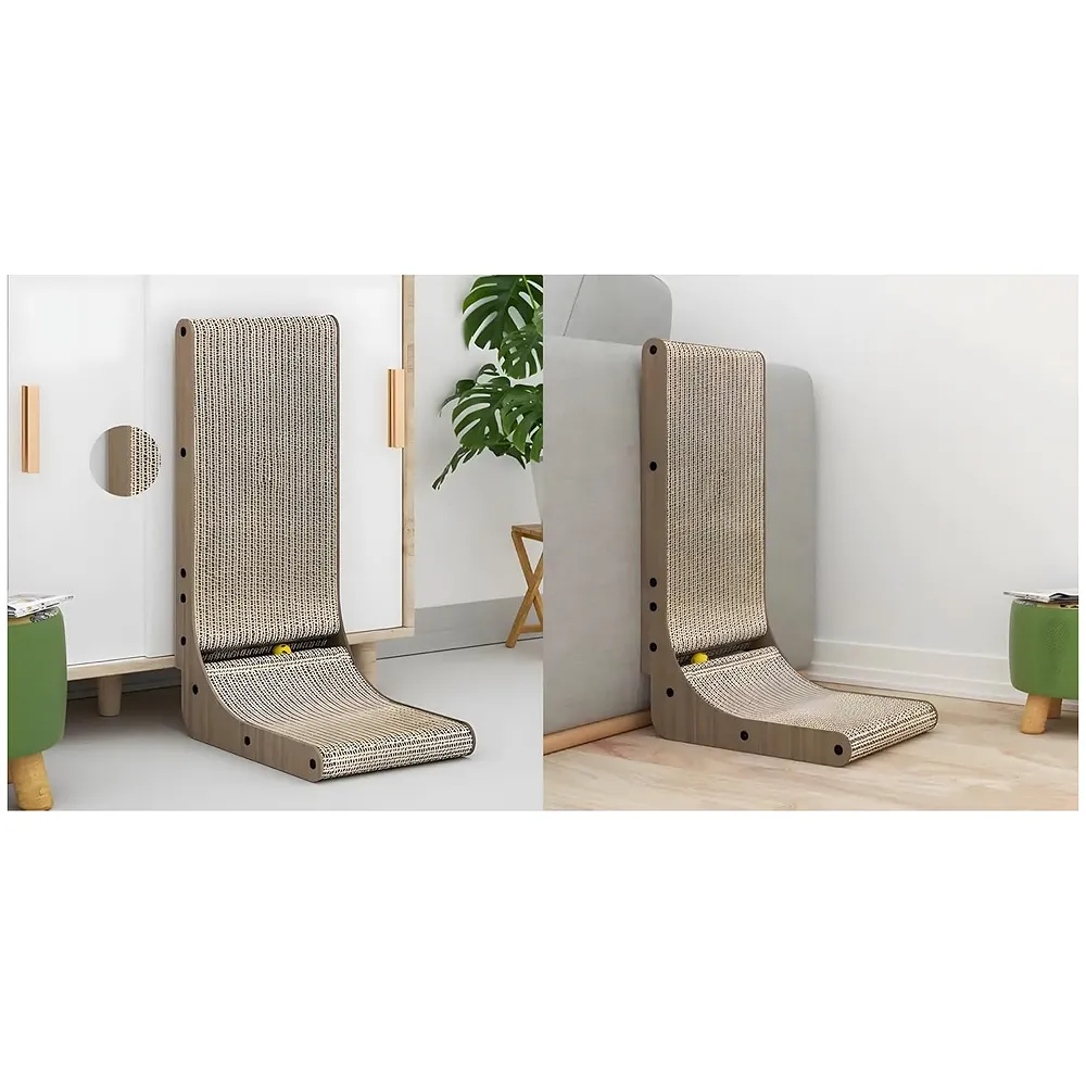 L-Shape Cat Scratcher, 26.8 Inch Cardboard Scratch Post for Indoor Cats, Large L-Shaped Scratch Pad with Built-in Ball Toy to Protect Furniture and Keep Cats Entertained Premium