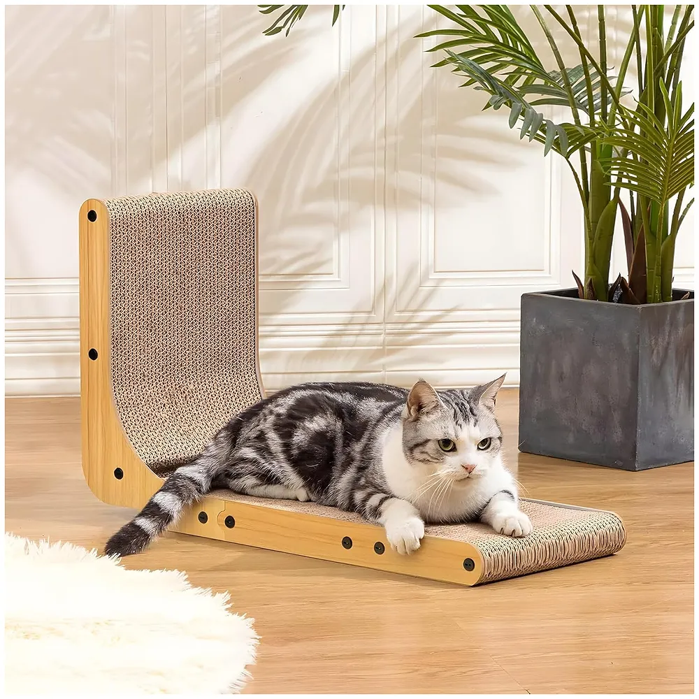L-Shape Cat Scratcher, 26.8 Inch Cardboard Scratch Post for Indoor Cats, Large L-Shaped Scratch Pad with Built-in Ball Toy to Protect Furniture and Keep Cats Entertained Premium