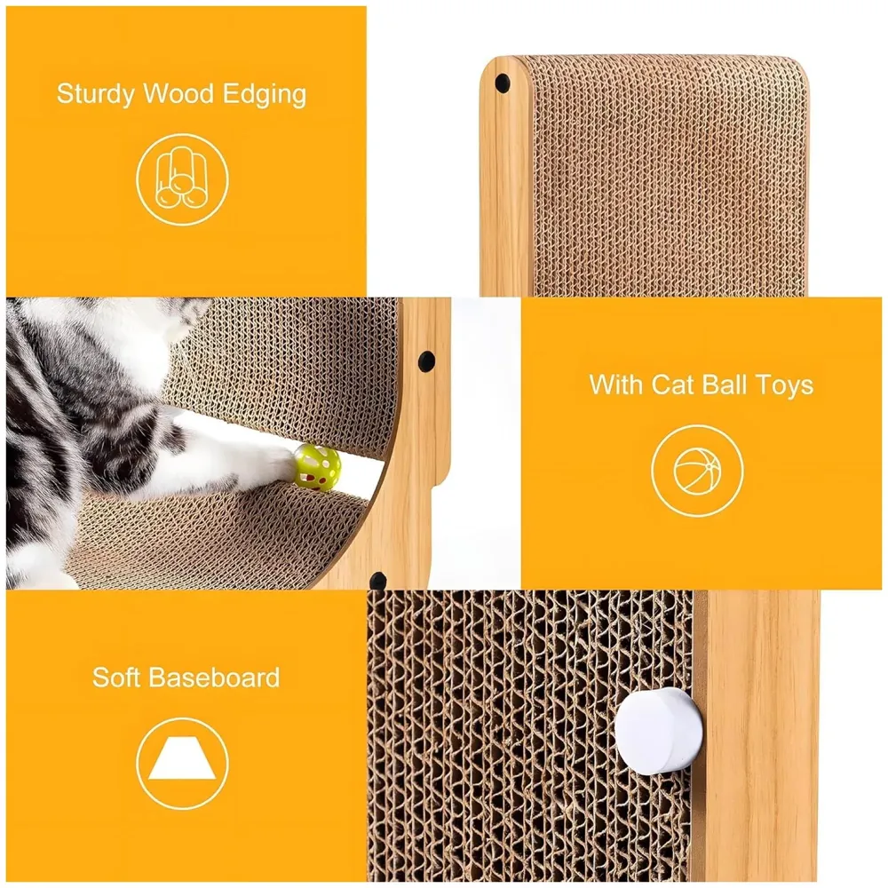 L-Shape Cat Scratcher, 26.8 Inch Cardboard Scratch Post for Indoor Cats, Large L-Shaped Scratch Pad with Built-in Ball Toy to Protect Furniture and Keep Cats Entertained