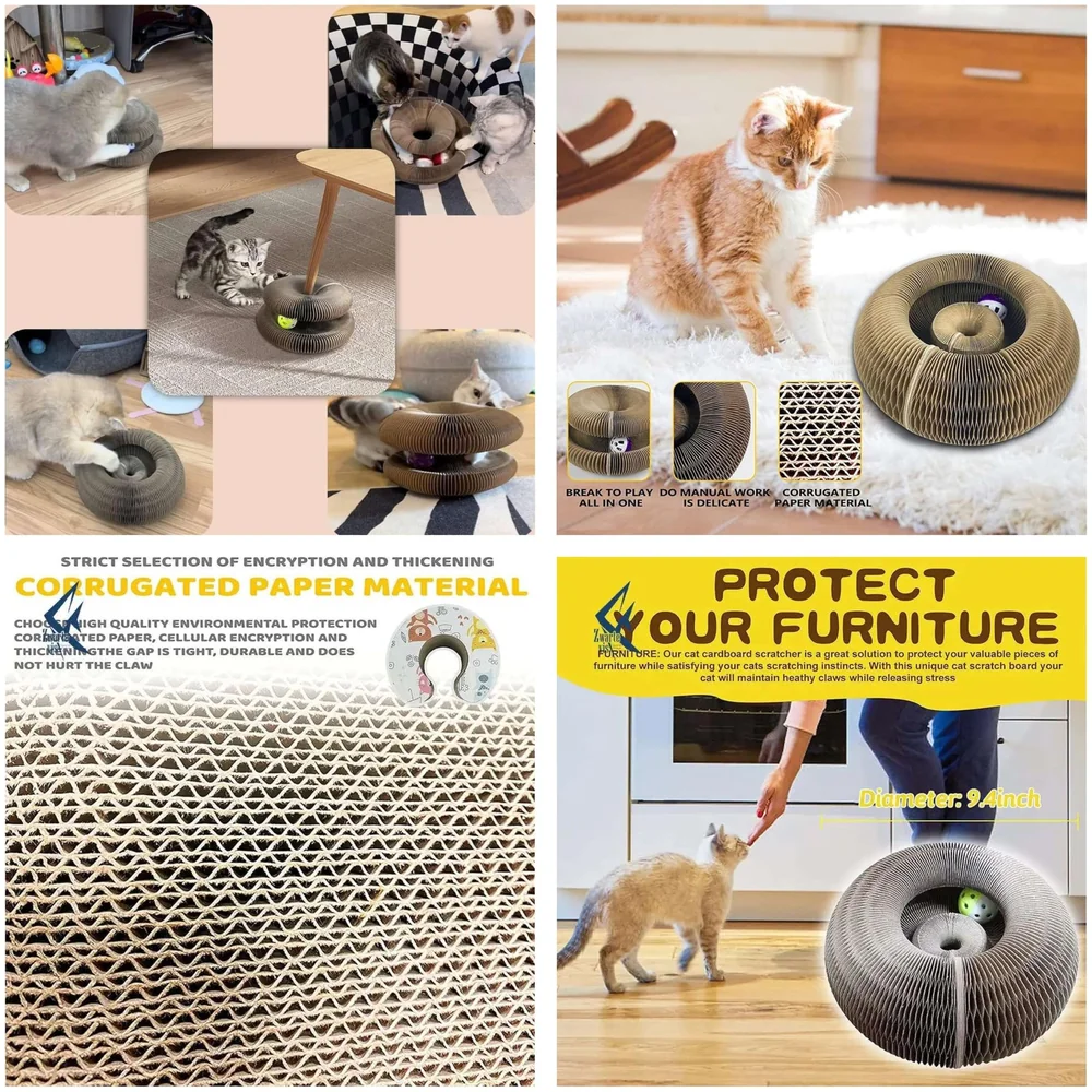 Cat Interactive Toy Scratch Pad Toy Bell Ball, Cat Scratching Cardboard for Indoor Cats/Kitten - Cat Fun Mental Physical Exercise 4 inch x 9.4 inch