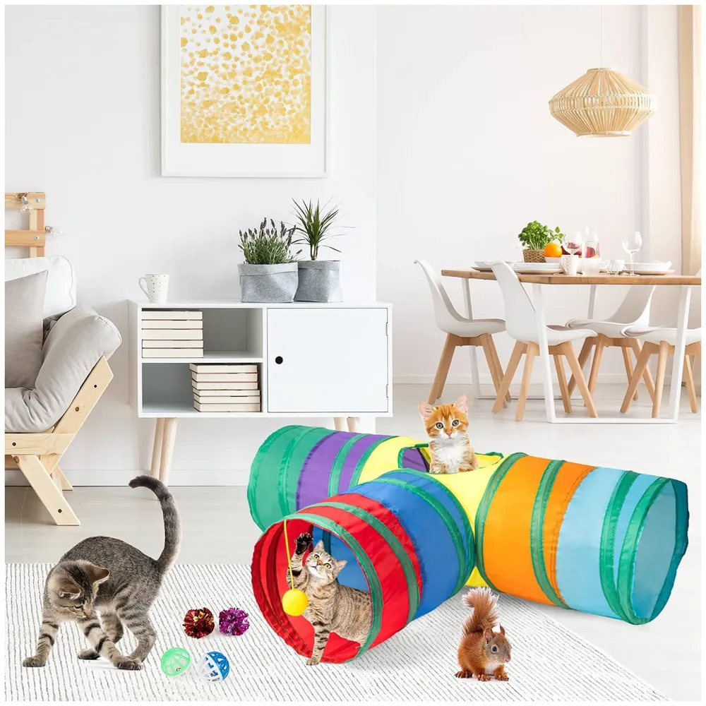 Cat 3 Way Tunnel Indoor/Outdoor Kitty/Puppy Puzzle/Exercise/Hiding Training Toy - Pet Tube Collapsible Play - 80 X 30 X 25 CM