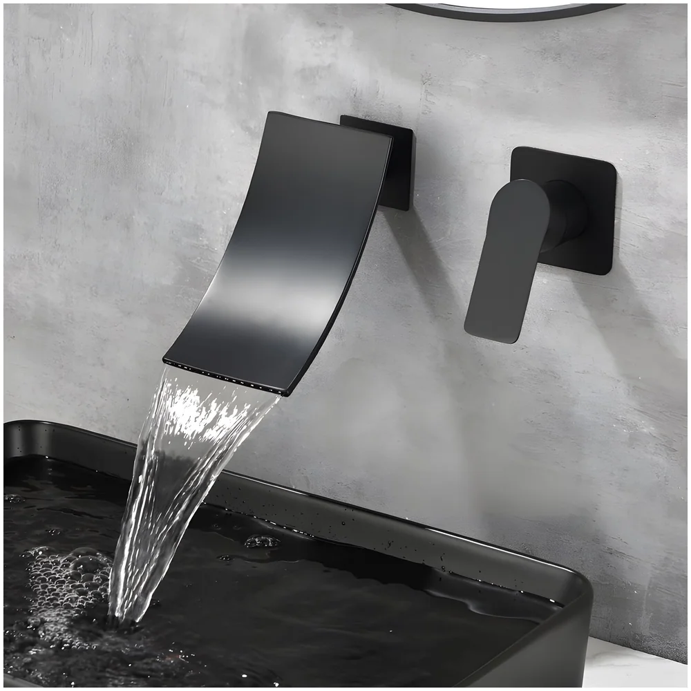 Black Waterfall Wall Mixer Tap Faucet Basin Sink Hot Cold