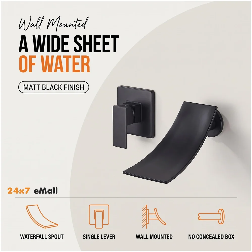 Black Waterfall Wall Mixer Tap Faucet Basin Sink Hot Cold
