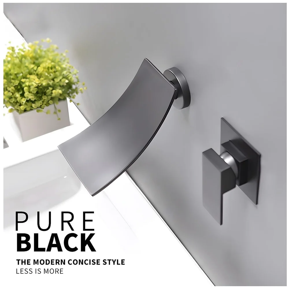 Black Waterfall Wall Mixer Tap Faucet Basin Sink Hot Cold