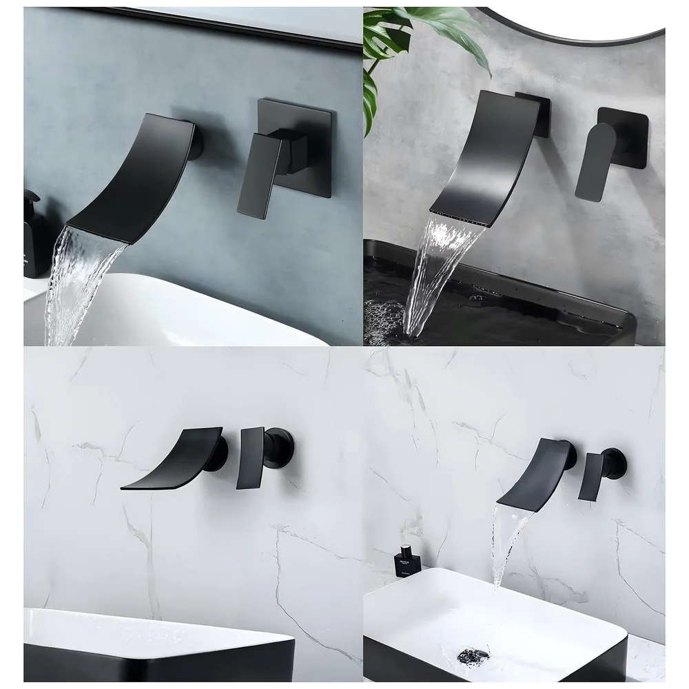 Black Waterfall Wall Mixer Tap Faucet Basin Sink Hot Cold