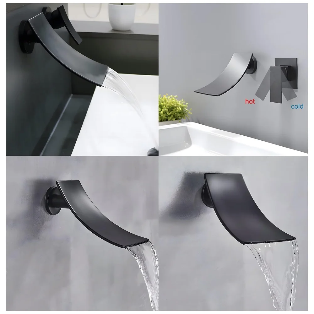 Black Waterfall Wall Mixer Tap Faucet Basin Sink Hot Cold