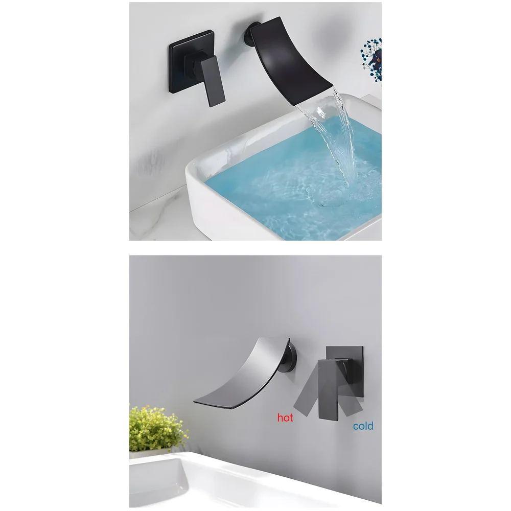 Black Waterfall Wall Mixer Tap Faucet Basin Sink Hot Cold