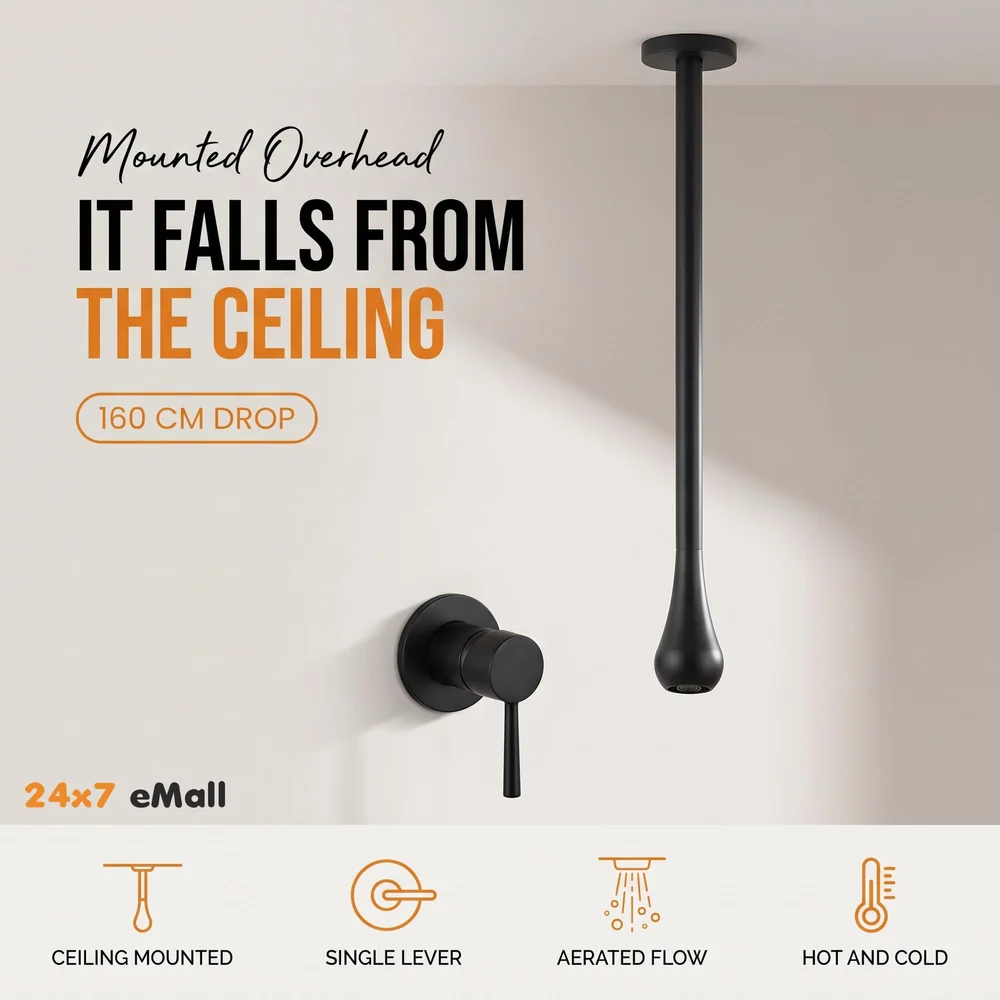 Ceiling Faucet Single Lever Basin Tap Mixer Soft Aerated Water Spout with Ceramic Cartridge Hot and Cold Water, Bathtub False Ceiling Tap, Matt Black 160 Cm Length Drop Down