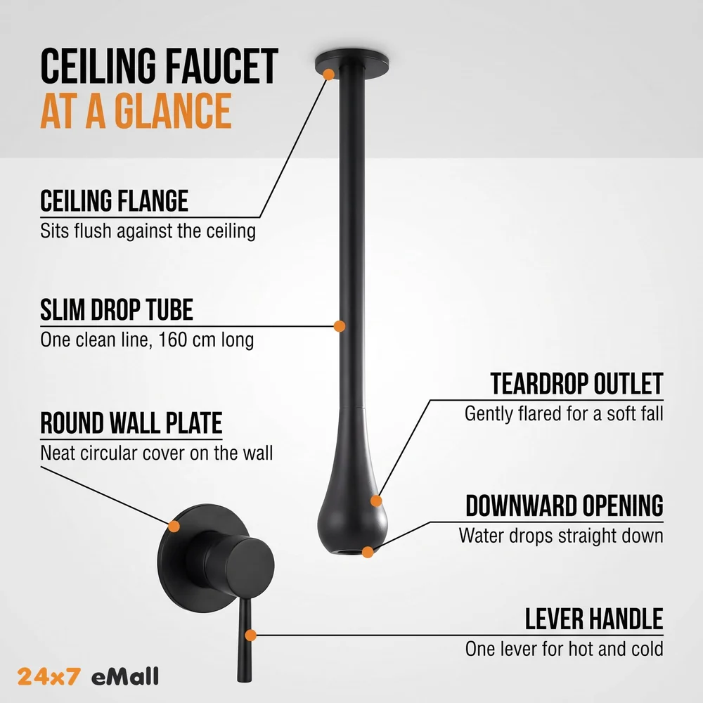 Ceiling Faucet Single Lever Basin Tap Mixer Soft Aerated Water Spout with Ceramic Cartridge Hot and Cold Water, Bathtub False Ceiling Tap, Matt Black 160 Cm Length Drop Down