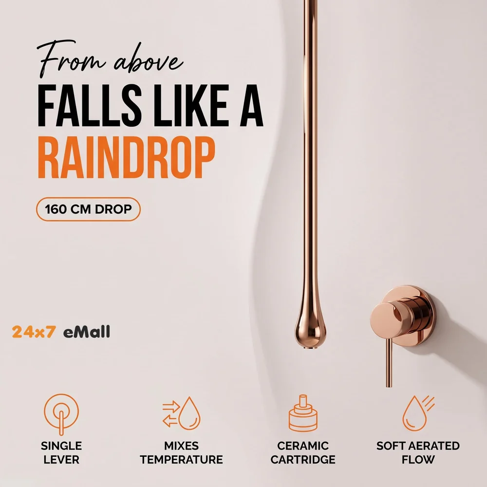 Rose Gold Ceiling Faucet Single Lever Basin Tap Mixer Soft Aerated Water Spout with Ceramic Cartridge Hot and Cold Water, Bathtub False Ceiling Tap, Rose Golden 160 Cm Length Drop Down