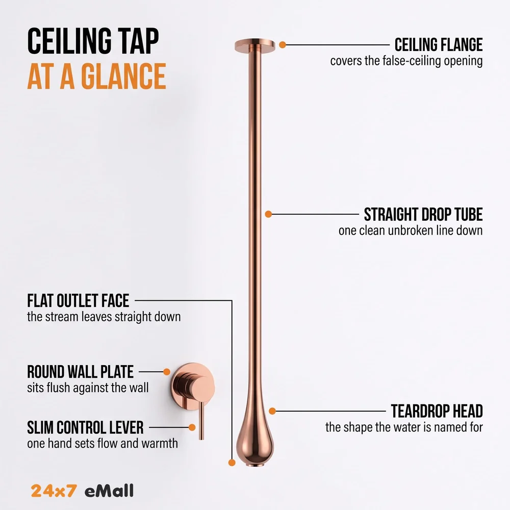 Rose Gold Ceiling Faucet Single Lever Basin Tap Mixer Soft Aerated Water Spout with Ceramic Cartridge Hot and Cold Water, Bathtub False Ceiling Tap, Rose Golden 160 Cm Length Drop Down