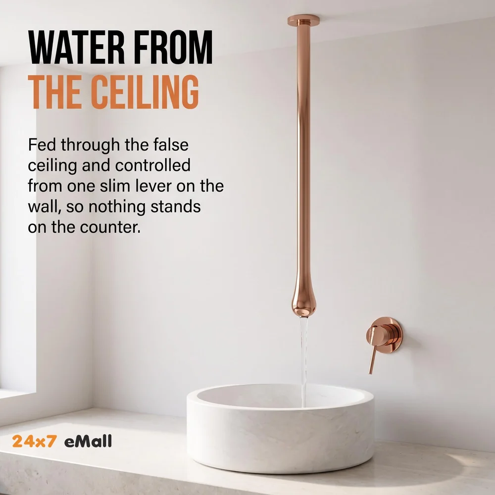 Rose Gold Ceiling Faucet Single Lever Basin Tap Mixer Soft Aerated Water Spout with Ceramic Cartridge Hot and Cold Water, Bathtub False Ceiling Tap, Rose Golden 160 Cm Length Drop Down