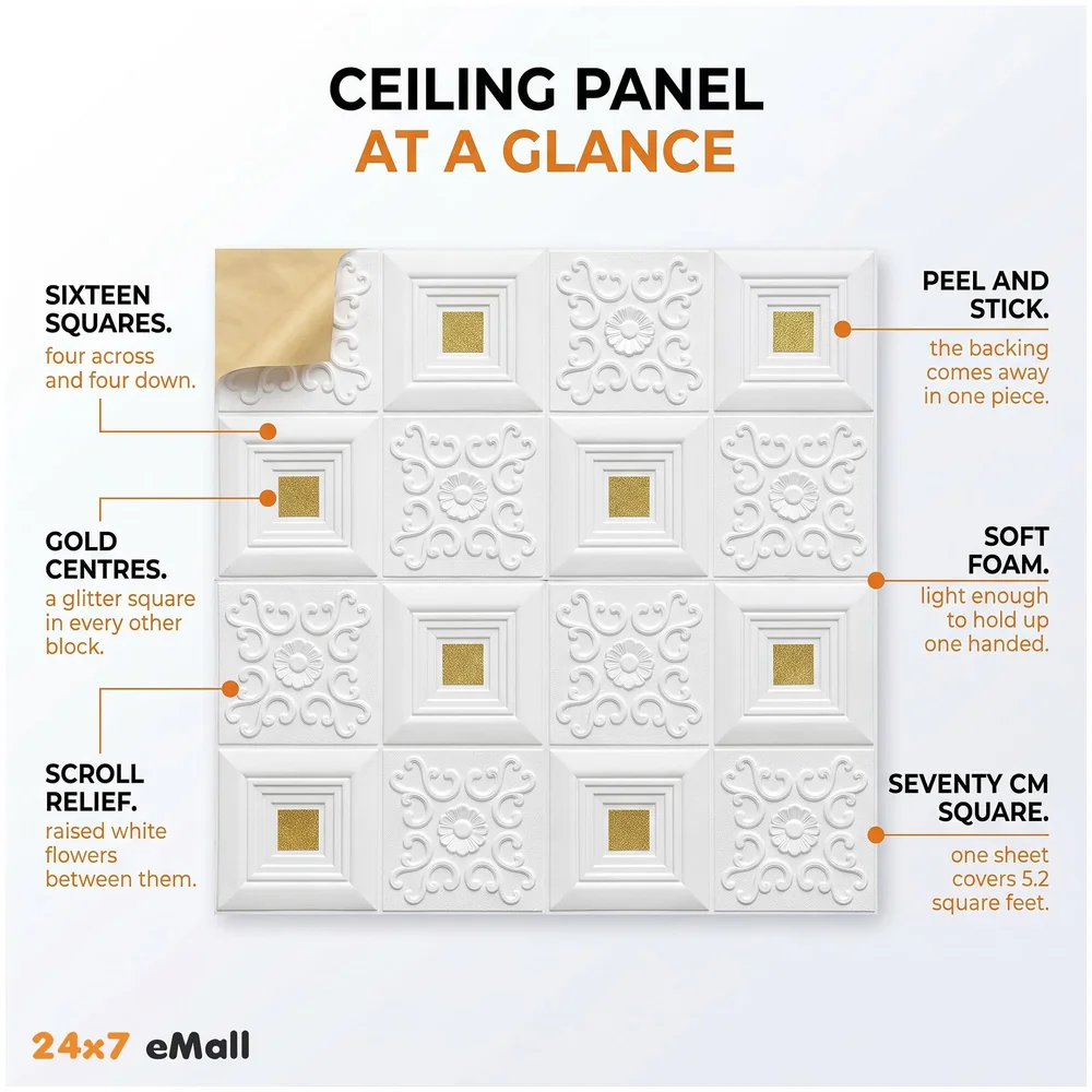 1 Pc Foam 3D Ceiling Wall Tiles 70 x 70 cm White Gold Sticker