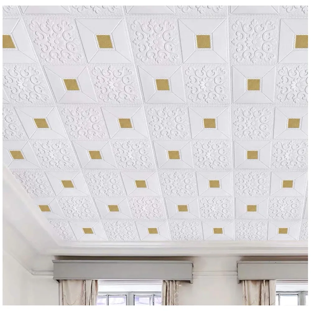 4 Pcs Foam 3D Ceiling Wall Panel Tiles 70 x 70 cm White and Gold