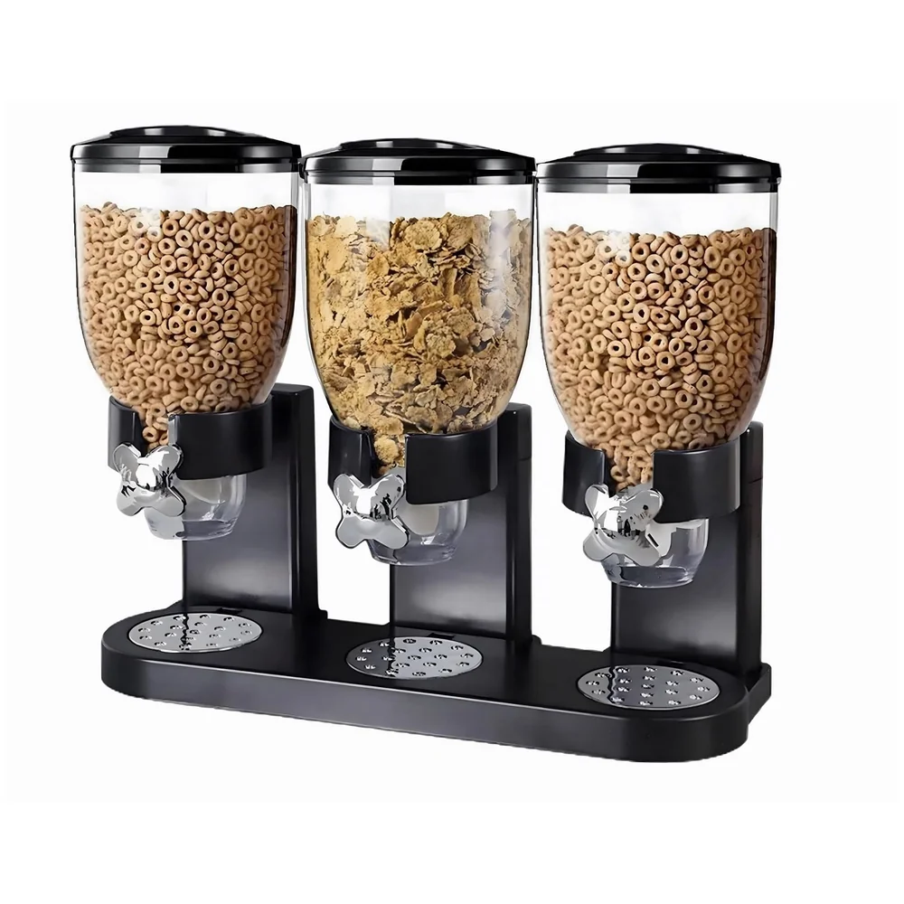 Triple Cereal Dispenser Airtight Kitchen Storage Black 42x35 cm