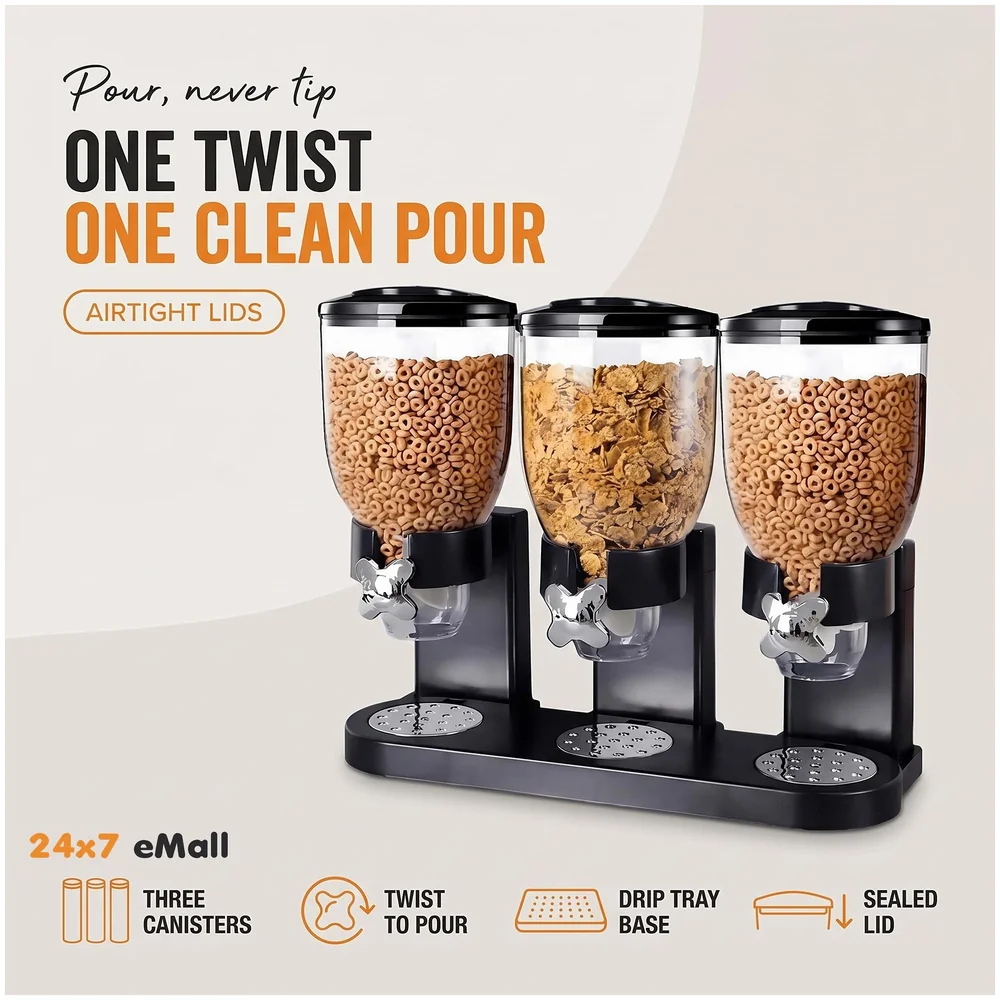 Triple Cereal Dispenser Airtight Kitchen Storage Black 42x35 cm