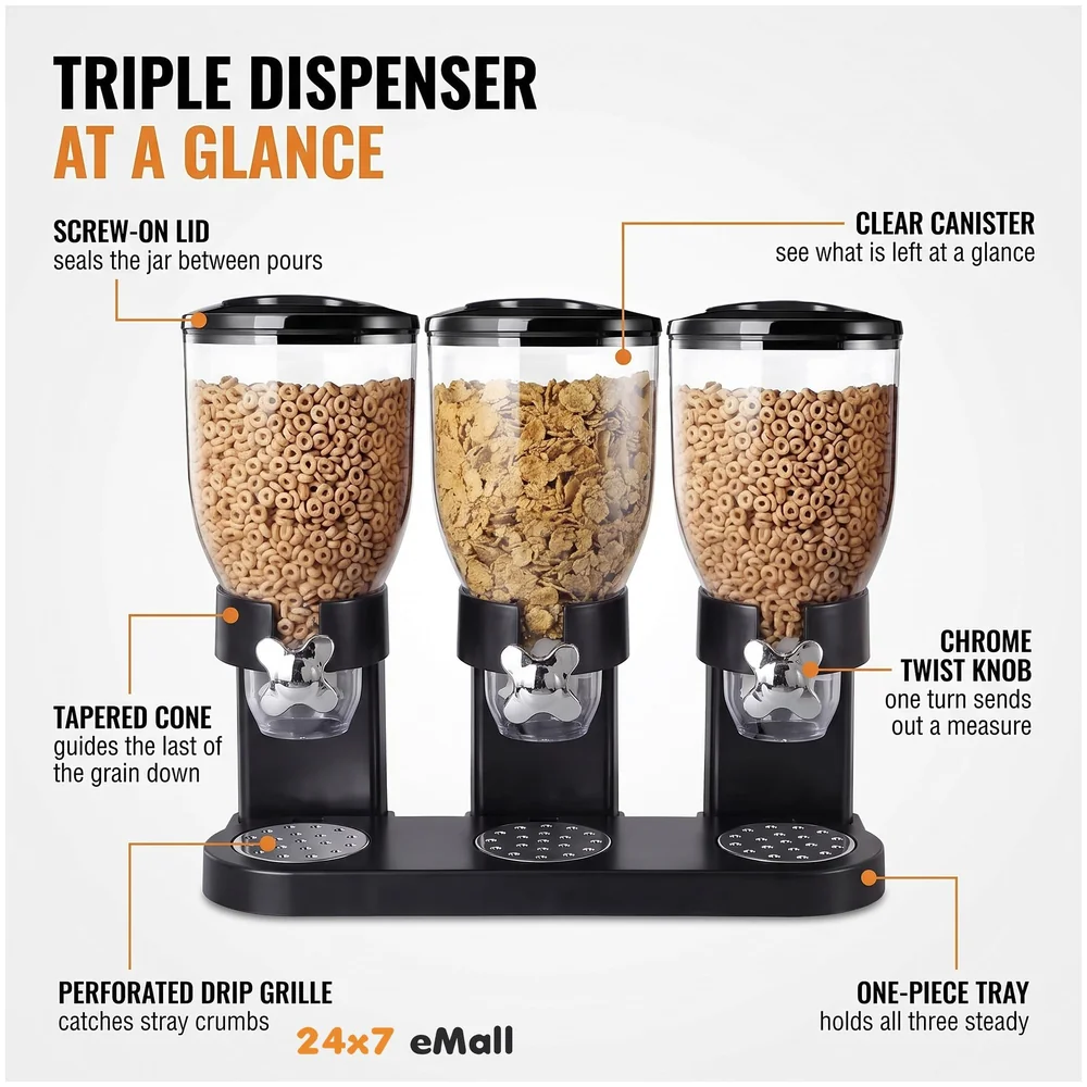 Triple Cereal Dispenser Airtight Kitchen Storage Black 42x35 cm