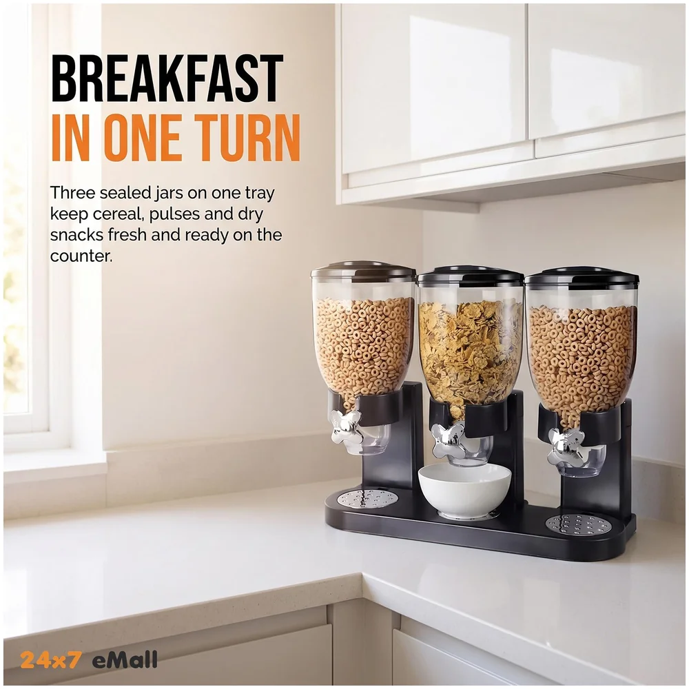 Triple Cereal Dispenser Airtight Kitchen Storage Black 42x35 cm