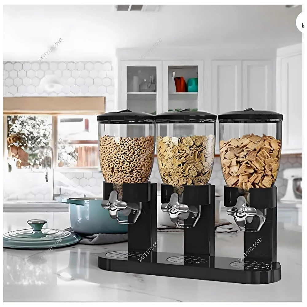 Triple Cereal Dispenser Airtight Kitchen Storage Black 42x35 cm