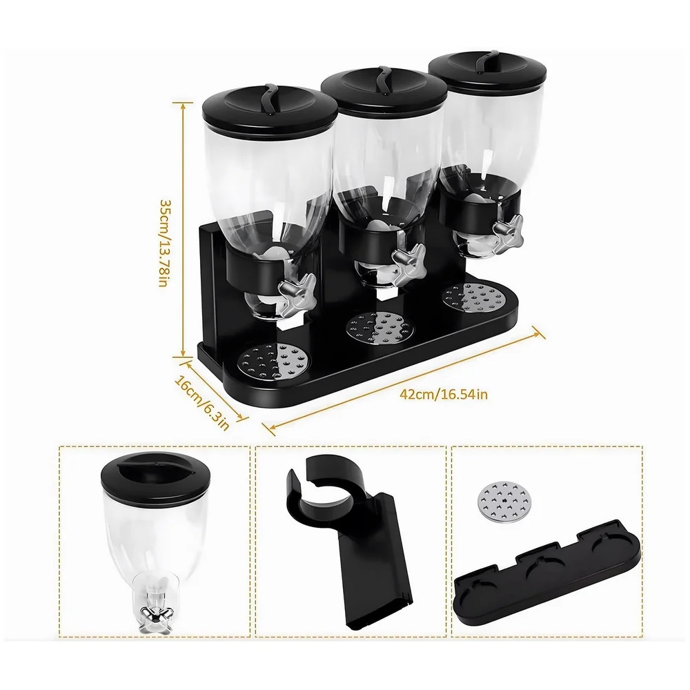 Triple Cereal Dispenser Airtight Kitchen Storage Black 42x35 cm
