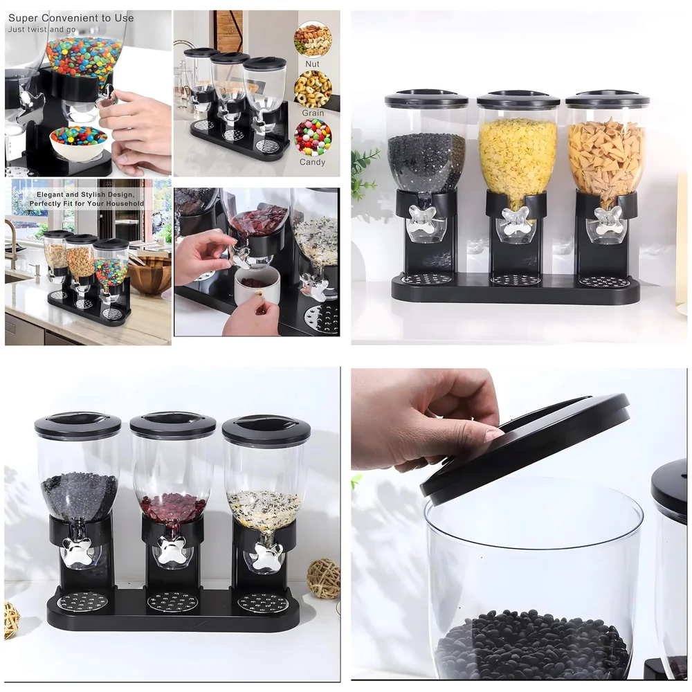 Triple Cereal Dispenser Airtight Kitchen Storage Black 42x35 cm