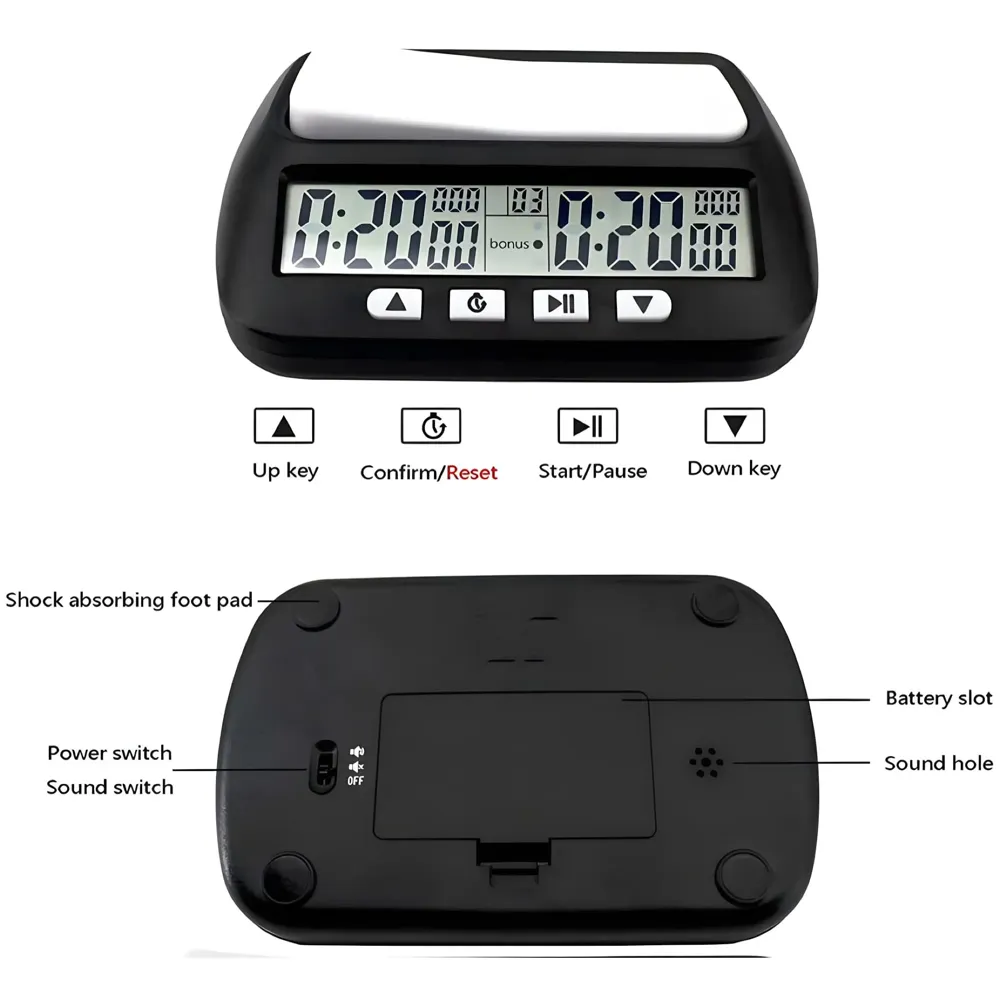 Pro Chess Clock for Professional Board Games Timer Clock Digital Chess Timer Professional for Board Games Timer Delay Basic Bonus Count up and Count Down Black