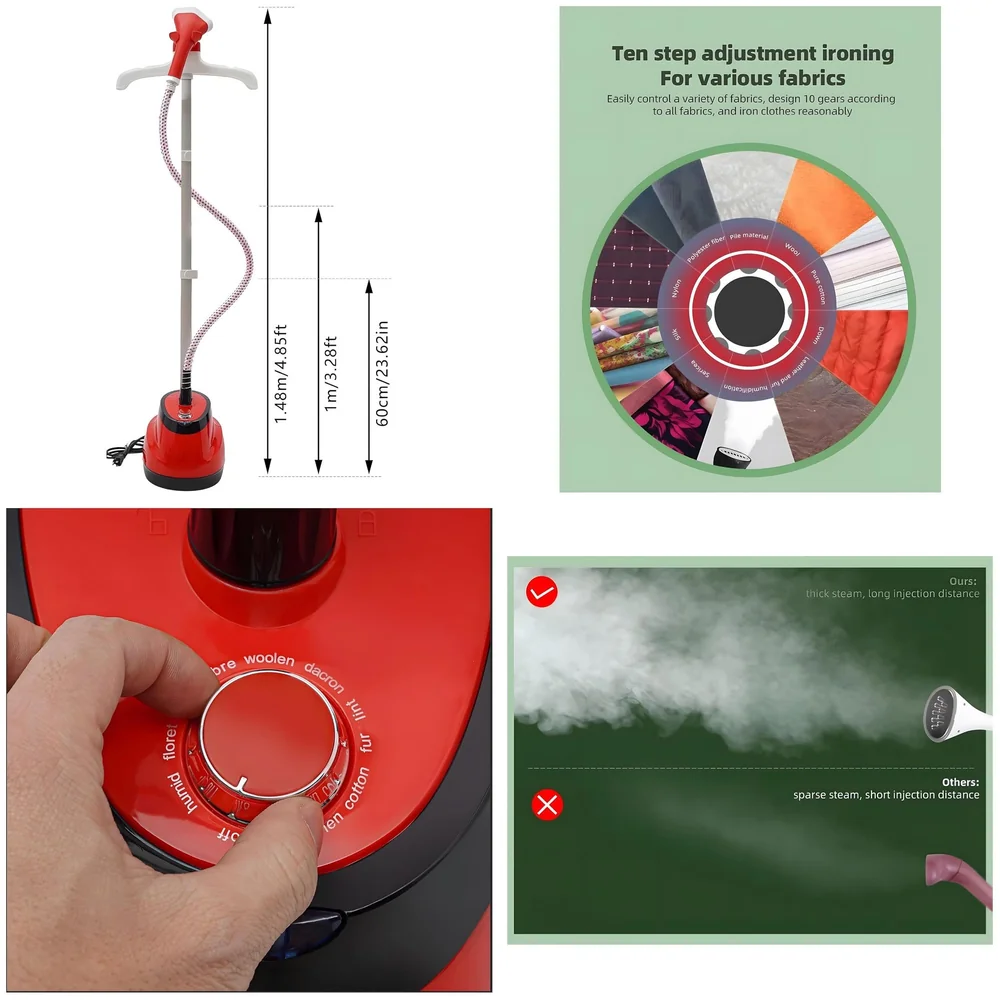 2200W Standing Garment Steamer 10 Modes Steam Iron Portable Red