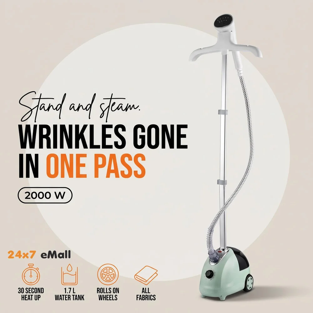 Standing Garment Steamer 2000 Watts Advanced Steamer For Wrinkle-Free Clothes - Fast Heat-Up, Portable, And Efficient For Home And Professional Steam Iron Wheels For All Types Of Clothes