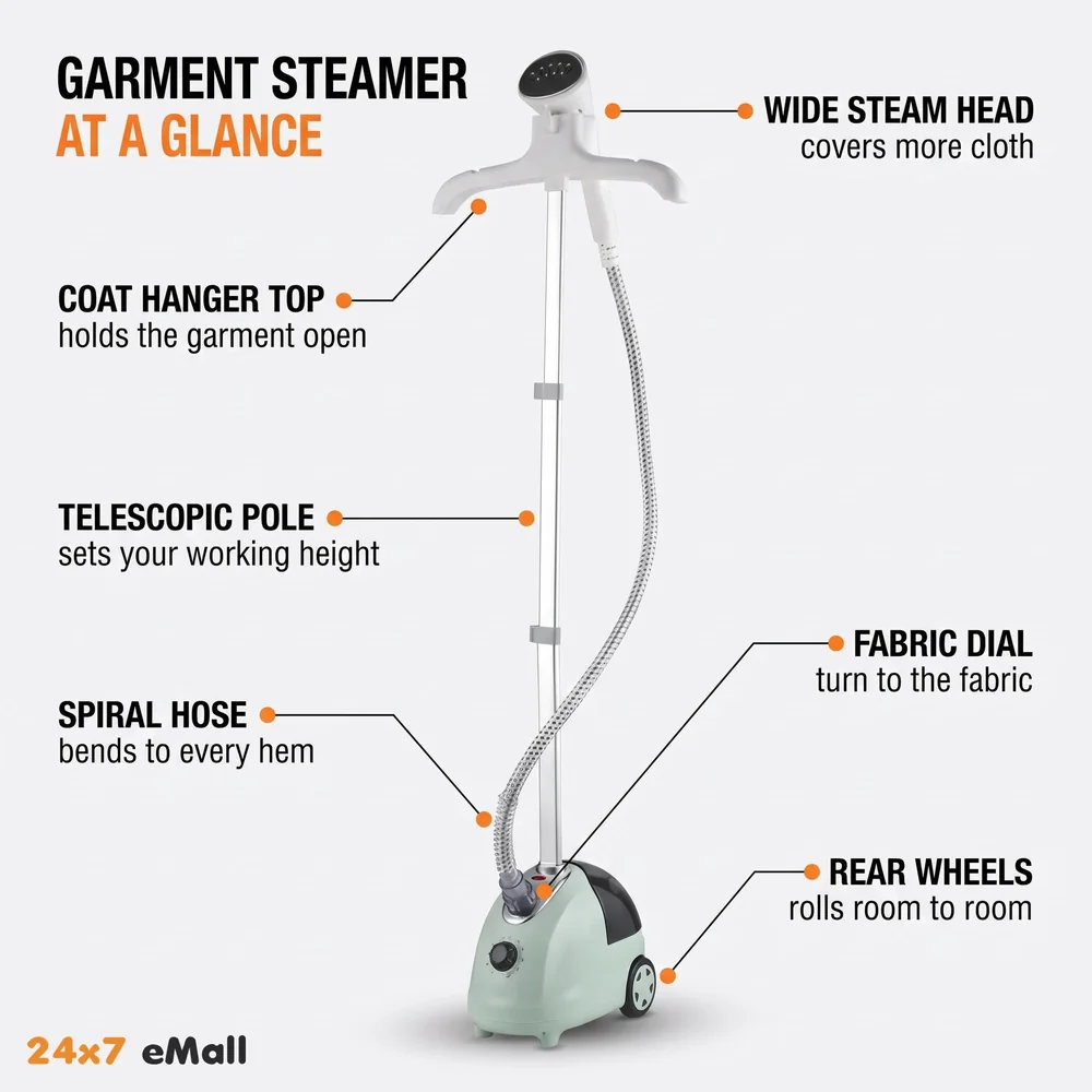Standing Garment Steamer 2000 Watts Advanced Steamer For Wrinkle-Free Clothes - Fast Heat-Up, Portable, And Efficient For Home And Professional Steam Iron Wheels For All Types Of Clothes