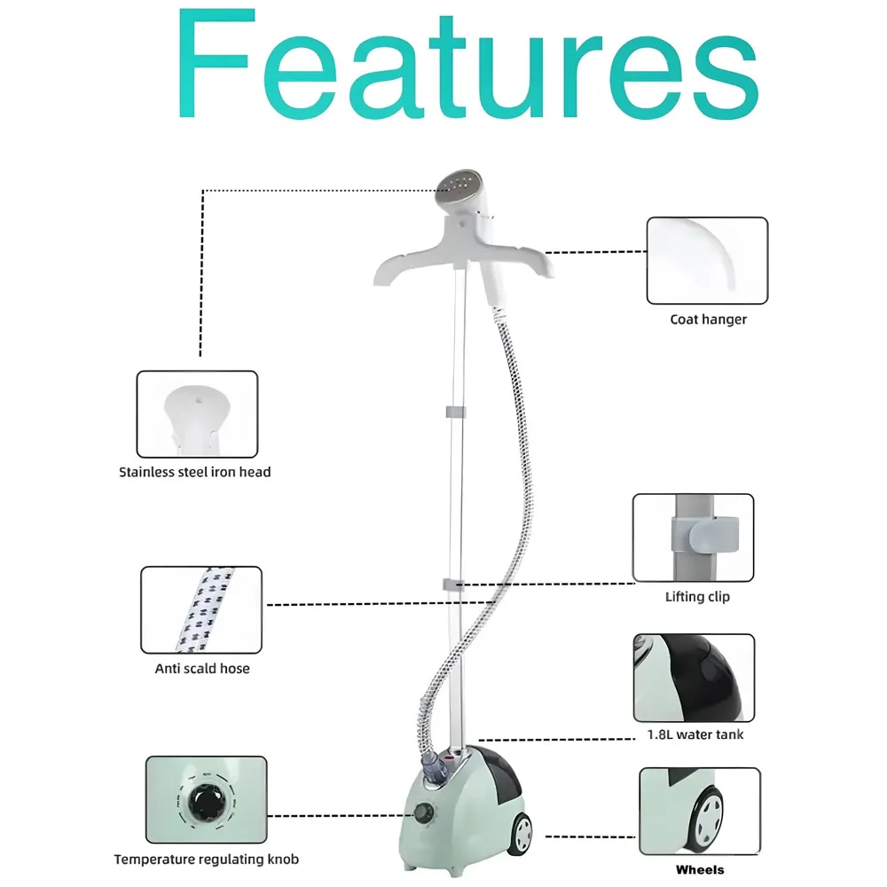 Standing Garment Steamer 2000 Watts Advanced Steamer For Wrinkle-Free Clothes - Fast Heat-Up, Portable, And Efficient For Home And Professional Steam Iron Wheels For All Types Of Clothes