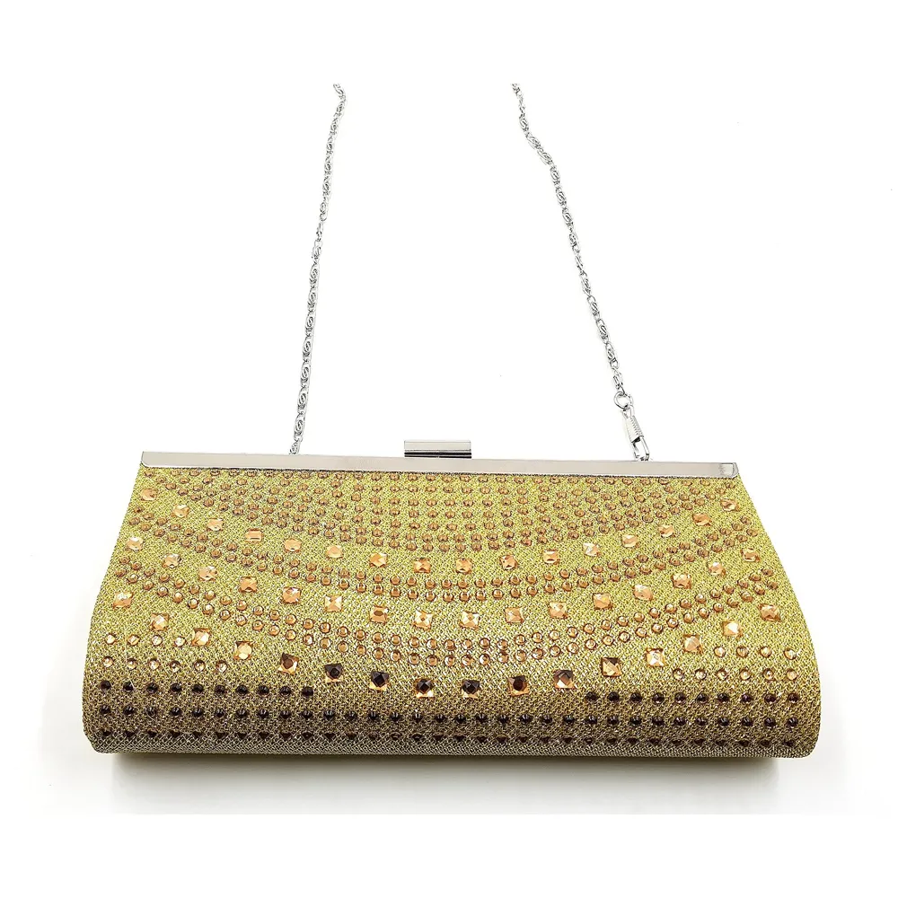 Premium Clutch Embellished With Stone Work ~ Adjustable Shoulder Chain, Snap Closure & Smooth Inner Satin. (Gold)