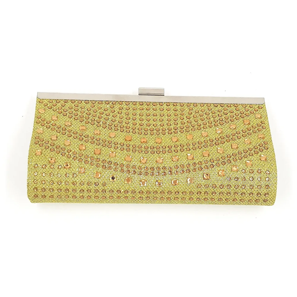 Premium Clutch Embellished With Stone Work ~ Adjustable Shoulder Chain, Snap Closure & Smooth Inner Satin. (Gold)
