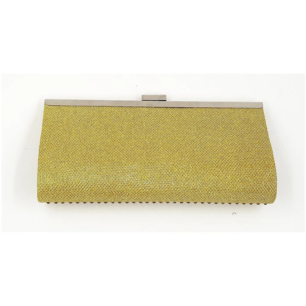 Premium Clutch Embellished With Stone Work ~ Adjustable Shoulder Chain, Snap Closure & Smooth Inner Satin. (Gold)