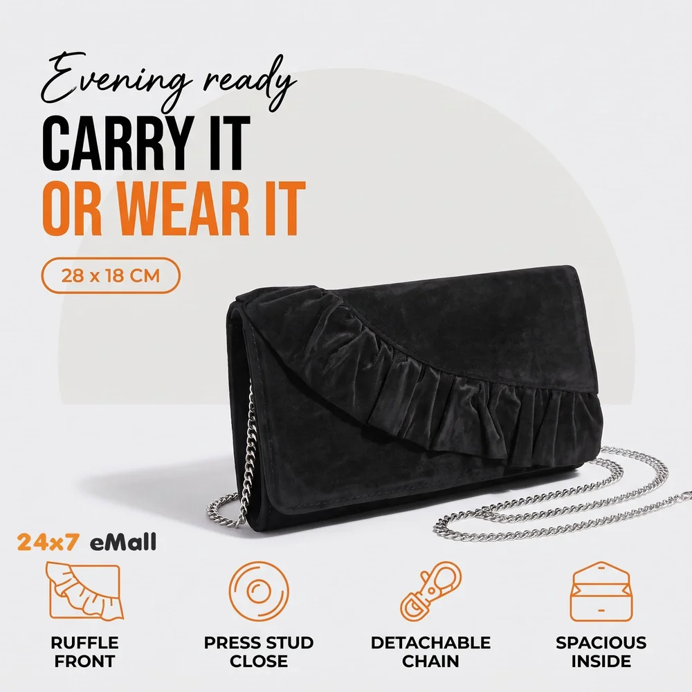 ELEGANT PREMIUM EVENING CLUTCH BAG WITH ADJUSTABLE SHOULDER CHAIN, SNAP CLOSURE & SMOOTH INNER SATIN (28 CMS x 18 CMS) (Black)