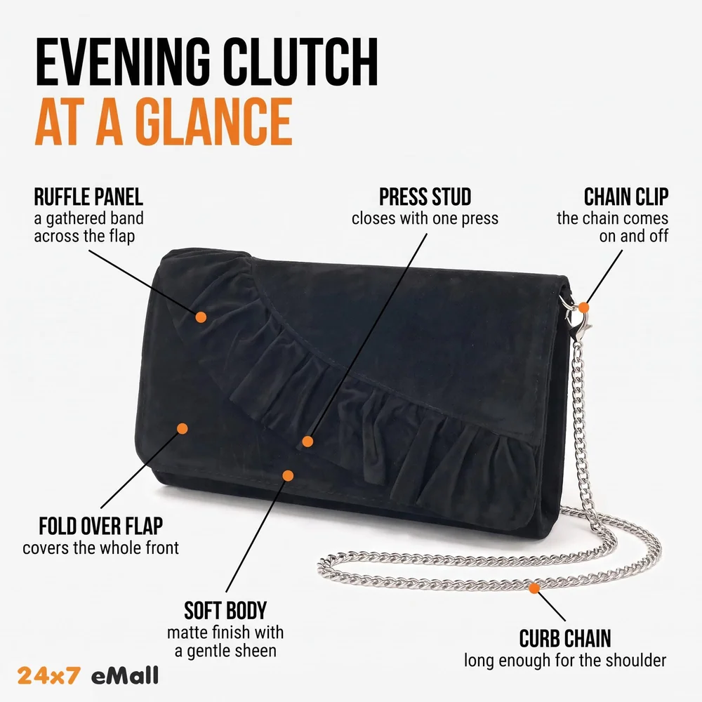 ELEGANT PREMIUM EVENING CLUTCH BAG WITH ADJUSTABLE SHOULDER CHAIN, SNAP CLOSURE & SMOOTH INNER SATIN (28 CMS x 18 CMS) (Black)
