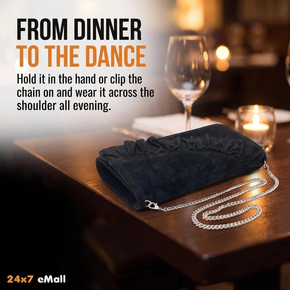 ELEGANT PREMIUM EVENING CLUTCH BAG WITH ADJUSTABLE SHOULDER CHAIN, SNAP CLOSURE & SMOOTH INNER SATIN (28 CMS x 18 CMS) (Black)