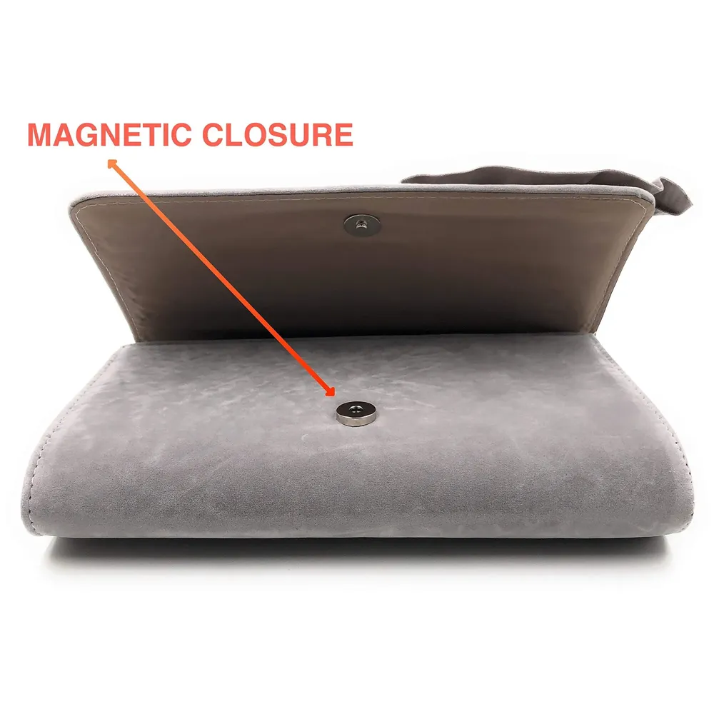 ELEGANT PREMIUM EVENING CLUTCH BAG WITH ADJUSTABLE SHOULDER CHAIN, SNAP CLOSURE & SMOOTH INNER SATIN (28 CMS x 18 CMS) (Grey)