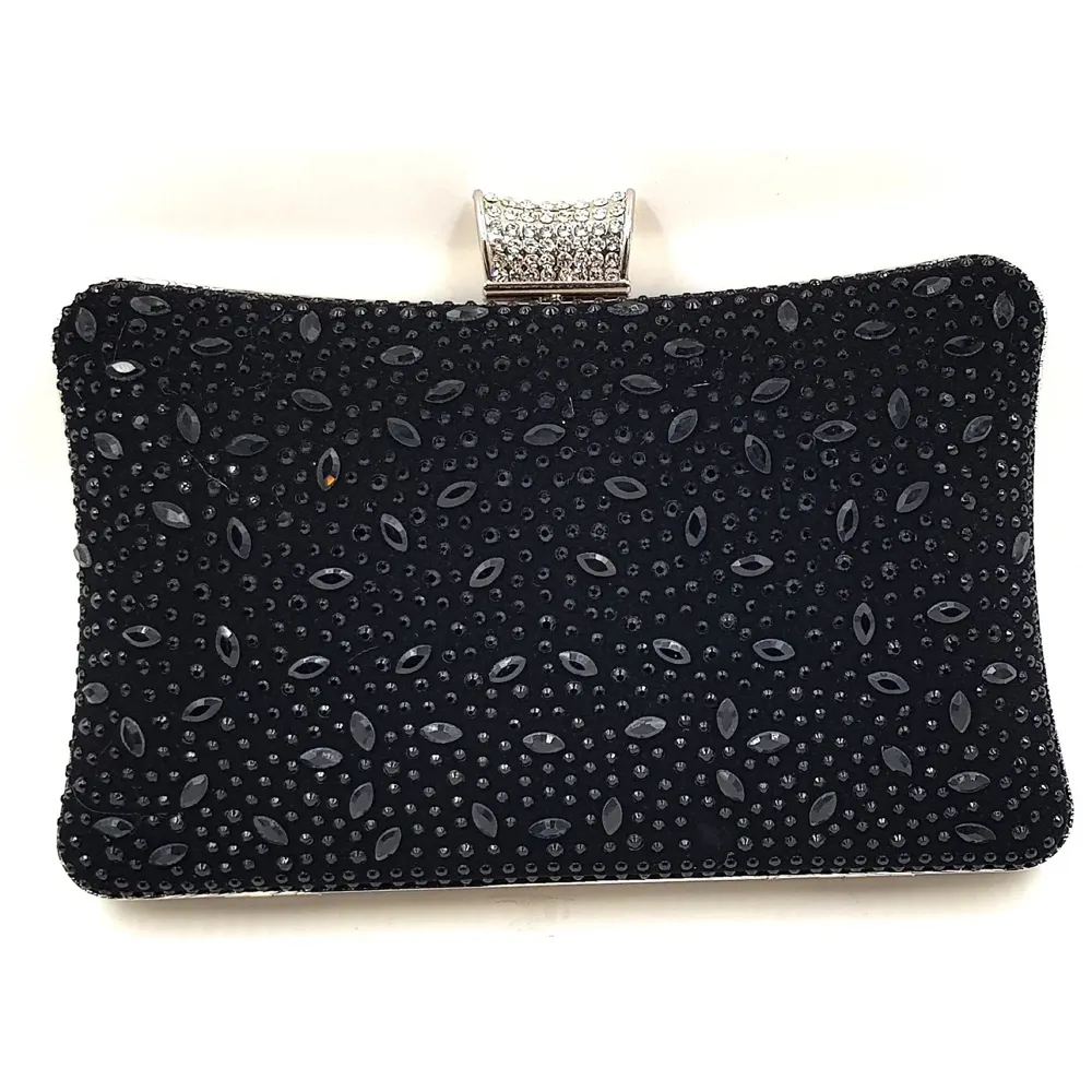 ELEGANT PREMIUM EVENING CLUTCH BAG PATTERNED STONES, GLITTERS & ADJUSTABLE SHOULDER CHAIN, SNAP CLOSURE & SMOOTH INNER SATIN (Black)