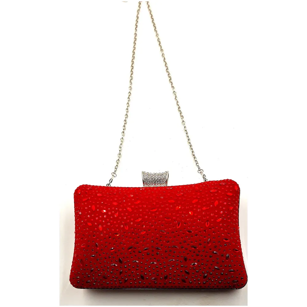ELEGANT PREMIUM EVENING CLUTCH BAG PATTERNED STONES, GLITTERS & ADJUSTABLE SHOULDER CHAIN, SNAP CLOSURE & SMOOTH INNER SATIN (Red)