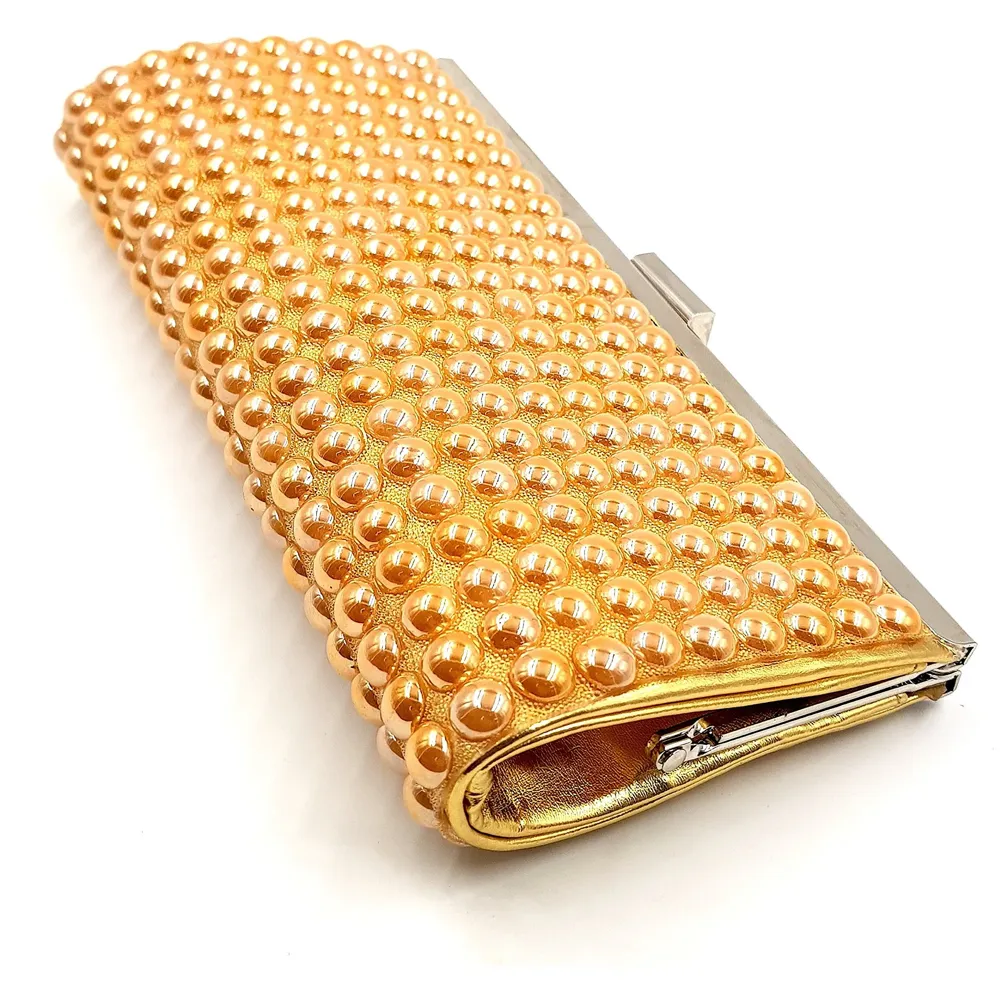 Gold Clutch Bag With Pearls Design